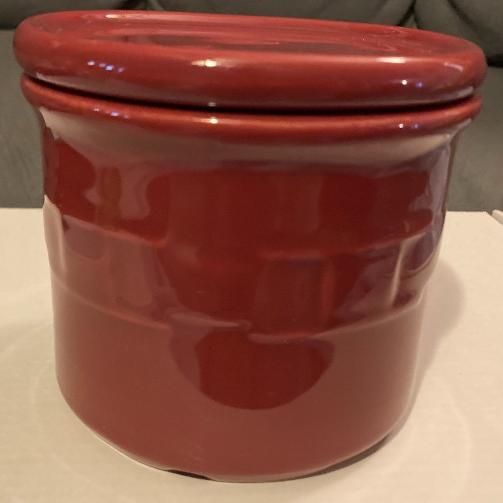 LONGABERGER POTTERY WOVEN TRADITIONS 1 PINT SALT CROCK W/ LID-Maroon Paprika-EUC
